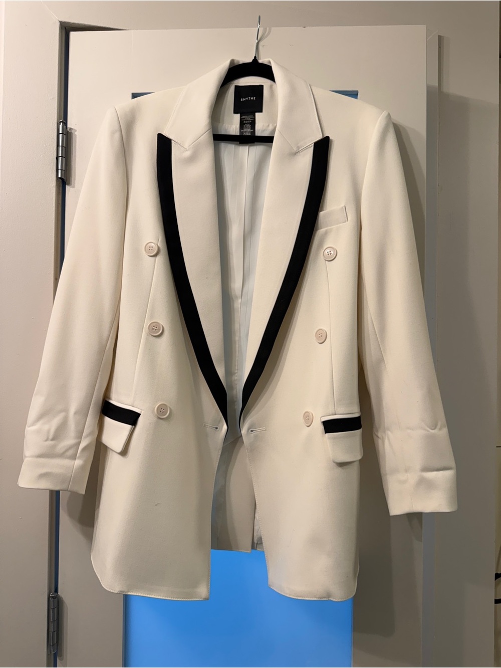 Smythe Cream Double-Breasted Blazer with Black Trim